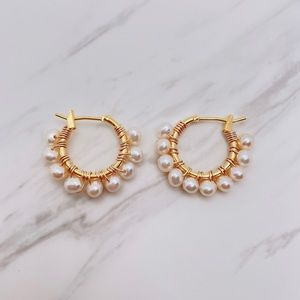 14K gold plated genuine white pearl hoop earrings